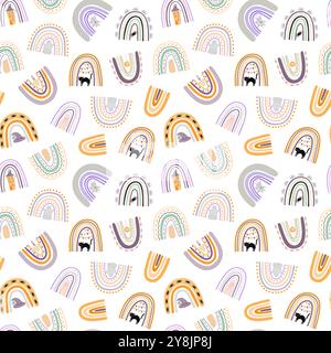 Halloween rainbows seamless pattern, simple hand drawn repeat illustration in trendy pastel colors, minimalist concept perfect for textile, celebration decor, cards, gift paper, papercraft Stock Vector
