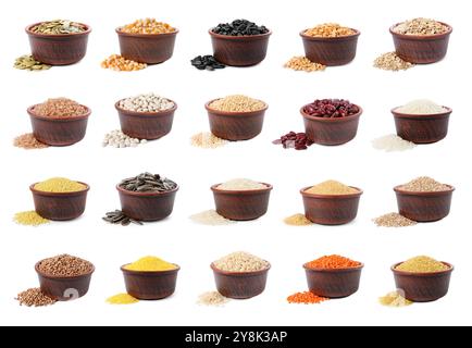 Different cereal grains, seeds and beans in bowls on white background, collection Stock Photo