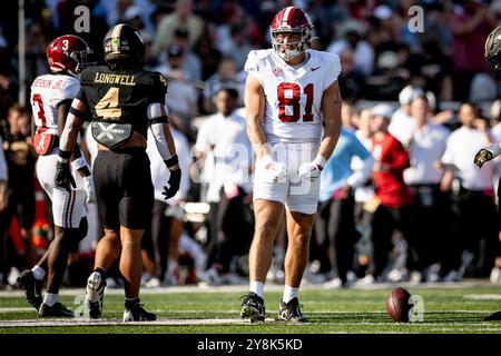 Nashville, Tennessee, USA. 5th Oct, 2024. Alabama Crimson Tide tight end CJ Dippre (81) reacts after a tackle during his game against the Vanderbilt Commodores. (Credit Image: © Camden Hall/ZUMA Press Wire) EDITORIAL USAGE ONLY! Not for Commercial USAGE! Credit: ZUMA Press, Inc./Alamy Live News Stock Photo