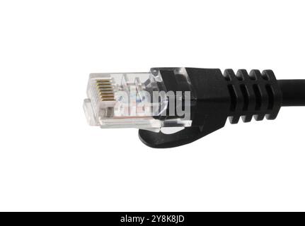 Black network cables with molded RJ45 plug isolated on white background Stock Photo