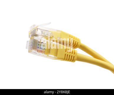 Yellow network cables with molded RJ45 plug isolated on white background Stock Photo