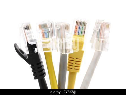 Multi colored network cables with molded RJ45 plug isolated on white background Stock Photo