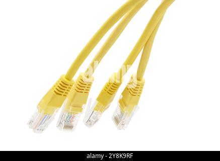 Yellow network cables with molded RJ45 plug isolated on white background Stock Photo