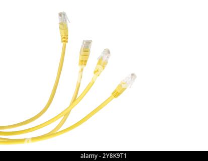 Yellow network cables with molded RJ45 plug isolated on white background Stock Photo