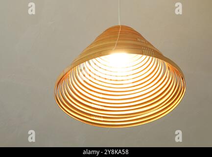 Round bamboo basketry hanging lamp Stock Photo
