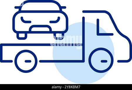 Car on tow truck. Roadside assistance, long-distance vehicle delivery. Pixel perfect vector icon Stock Vector