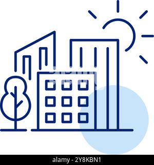 Residential buildings, sun and tree. Smart city, comfortable residence with sustainable living. Pixel perfect vector icon Stock Vector