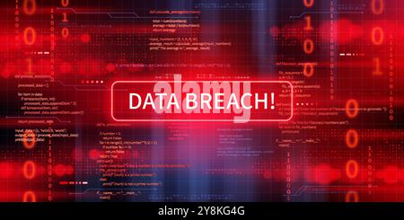 Data breach ransomware screen, malware cyber attack alert. Vector hacked internet system, danger sign features data breach text inside of rectangular frame, surrounded by red binary code patterns Stock Vector