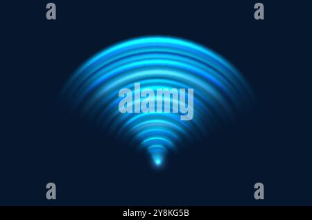 Radar sonar emitting a glowing blue signal with concentric rings expanding outward from a central point. Wi-fi scanning or transmission technology used for communication, detection, and sound waves Stock Vector