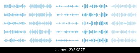 Podcast music sound waves and voice audio soundwaves for message play, vector UI elements. Sound wave or voice message recording icons for podcast, online music or multimedia audio stream soundwaves Stock Vector