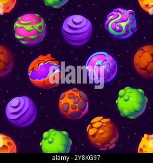 Cartoon fantasy galaxy and alien space planets seamless pattern, vector background. Mysterious alien planets pattern with red and pink rocks or blue and green lava terrain landscape in space galaxy Stock Vector
