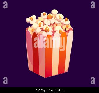 Cartoon fast food pop corn bucket, isolated vector carton disposable box, paper package full of popcorn kernels. Popular snack in red and white striped container for cinema or movie theater amusement Stock Vector