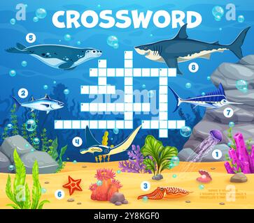 Crossword quiz game grid with sea animals. Engaging puzzle with marine life such as jellyfish, tuna, cuttlefish, stingray, shark, seal, swordfish and starfish in underwater scene with coral and plants Stock Vector