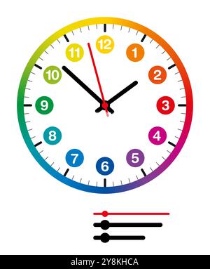 Colorful dial of a kids watch. Rainbow colored, circular, analog clock face with bold numbers for hours. Stock Photo