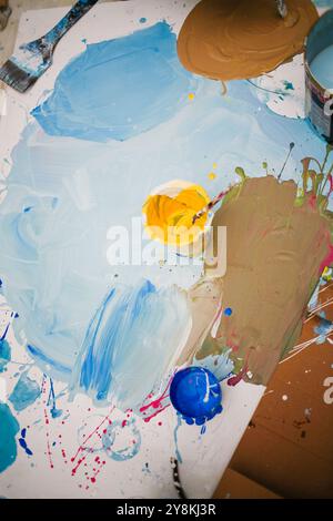 watercolor palette with brush and paint cup Stock Photo