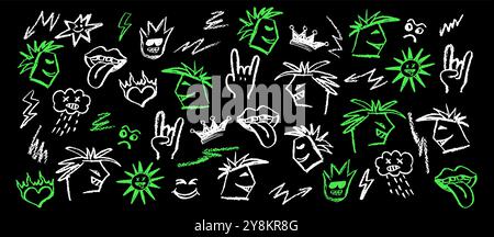 Grunge rock set on blackboard of acid green elements. Wax pencil drawing mouth with tongue hanging out, white charcoal stroke cartoon cloud in the Stock Vector