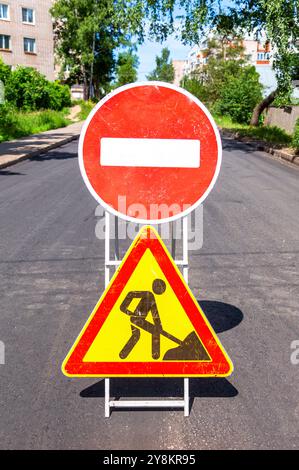 Road works traffic sign at the city street. Road under construction ...