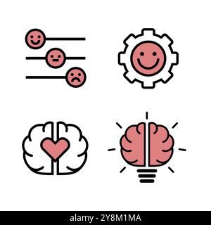 Set of icons for emotional intellect, emotions, mental health area of use. Linear and filled mini illustrations. Stock Vector