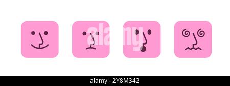 Set of simple minimal square emoji with nose and lineal facial features. Stock Vector