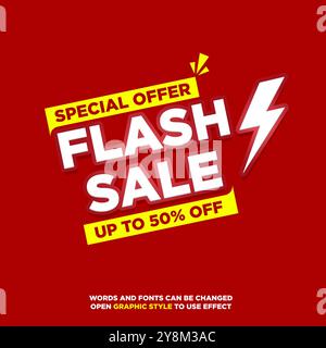 Flash sale poster, sale banner design template with 3d editable text effect, and red background Stock Vector