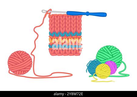 Knitwear, balls of yarn and crochet hook.Crochet handmade knitting, color yarn, hook.Symbol of hobby, homework.Knitwork, handicraft, crocheting.Vector Stock Vector