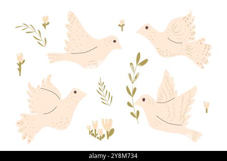 Doves of peace vector set. Flying pigeon holding an olive branch kit. Hand drawn flat birds collection illustration isolated on white background. Stock Vector