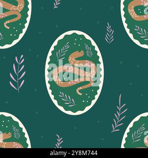 Stylized snake in oval frames repeat pattern on dark green background. Dark surface pattern design print. Vector hand drawn illustration. Stock Vector