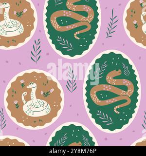 Seamless pattern featuring stylized snakes in circular and oval frames, surrounded by leaves and flowers on pink background. Vector hand drawn illustr Stock Vector