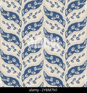 Winter braided floral branch seamless pattern. Calm leaves endless background. Blue and beige foliage geometric repeat cover. Vector hand drawn folk i Stock Vector