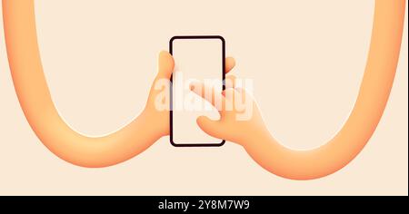 Holding phone in two hands. Phone mockup. Editable smartphone template. Touching screen with finger. Vector illustration  Stock Vector