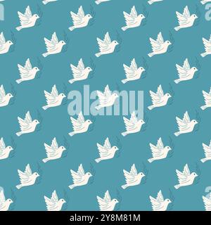 Simple dove of peace seamless pattern. Flying pigeon holding an olive branch on sky repeat background. Surface pattern design calm birds motif. Vector Stock Vector