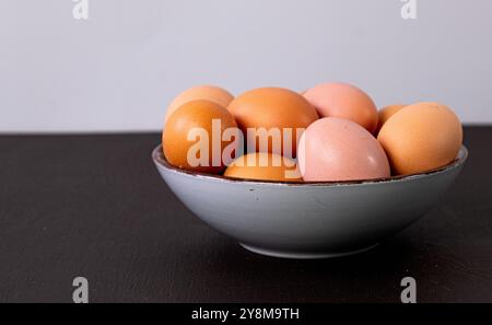 Concept of fresh and natural farm product - eggs, space for text Stock Photo