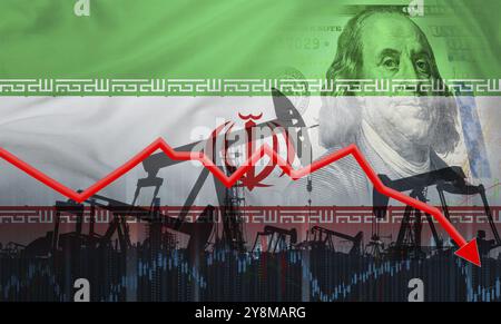 Crisis and decline in oil production with Iranian flag on financial graph. Fall in the price of oil with the Iranian flag Stock Photo