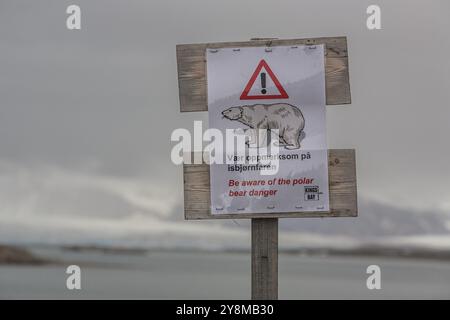 Warning sign, polar bears, danger, Ny-Alesund, Spitsbergen, Norway, Europe Stock Photo