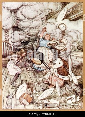 “An unusually large saucepan flew close by it, and very nearly carried it off” illustration from 'Alice's Adventures in Wonderland' by Lewis Carroll (1832-1898), artwork by Arthur Rackham (1867-1939) showing Alice in the kitchen with the Duchess, the cook and the Cheshire Cat. Photograph from a 1907 first edition published by William Heinemann, London and Doubleday, Page & Co, New York. Credit: AF Fotografie / Private Collection Stock Photo