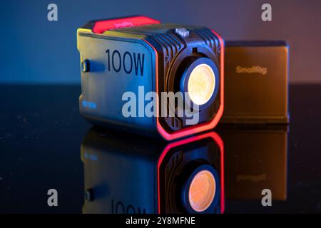 Milan, Italy - September 4, 2024: close up on SmallRig RC 100B COB LED Light for video production on a black background. Stock Photo