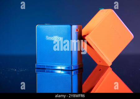 Milan, Italy - September 4, 2024: close up on SmallRig RC 100B COB LED Light for video production on a black background. Stock Photo