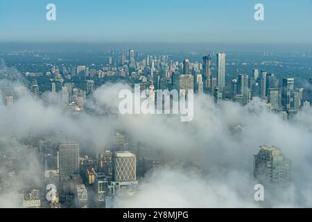 View of Toronto from the CN Tower observation deck, on a cloudy day Stock Photo