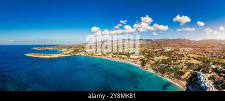 Aerial panoramic view of Coral bay beach, Cyprus. Overhead view of Coral Bay beach, Peyia village, Paphos district, Cyprus. Aerial view of Coral Bay b Stock Photo