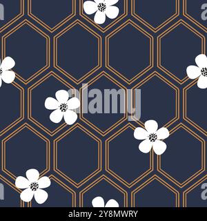 Honeycomb cells geometric lines seamless vector pattern. Geometry linear diamond tile grid pattern dark blue with rustic flowers. Floral accents Stock Vector