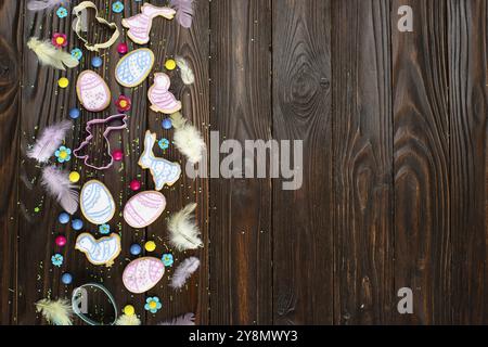 Sugar sprinkles, candies, feathers, cookie cutters, Easter frosted cookies in shape of egg chicken and rabbit on wooden table background. Flat lay moc Stock Photo