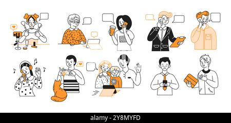 People using modern devices color line vector icon set Stock Vector