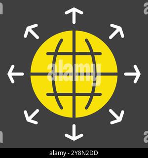 Arrows outside from globe vector icon on dark background. Global communication filled symbol. Security sign. Graph symbol for your web site design, lo Stock Vector