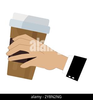 Hands holding cup of coffee or tea, vector illustration, Hands with cups. Cartoon hand holding coffee cup, mug with hot drink and teacup. Stock Vector