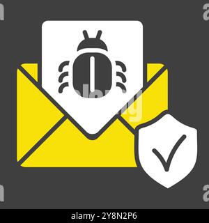 Mail infected malware vector icon on dark background. Envelope with mail and virus bug spam alert. Email spam, phishing, scam and hacker attack concep Stock Vector
