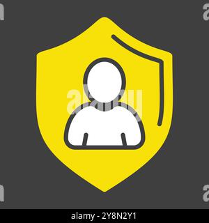 Privacy vector icon on dark background. Shield with person silhouette symbol. Personal protection sign. Authentication security icon. Graph symbol for Stock Vector
