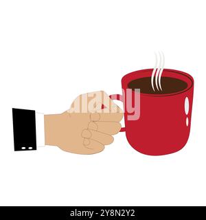 Hands holding cup of coffee or tea, vector illustration, Hands with cups. Cartoon hand holding coffee cup, mug with hot drink and teacup. Stock Vector