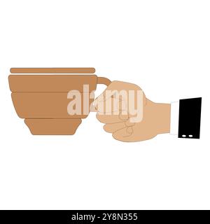 Hands holding cup of coffee or tea, vector illustration, Hands with cups. Cartoon hand holding coffee cup, mug with hot drink and teacup. Stock Vector