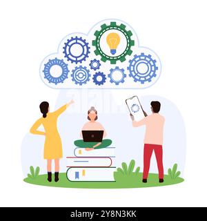 Cloud computing services, database infrastructure system, configuration and parameters setting. Tiny people work online with gears and light bulb inside cloud contour cartoon vector illustration Stock Vector
