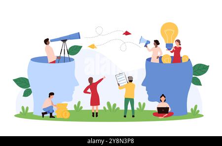 Search for talent professional candidate for vacancy, HR agency decision. Tiny people look through telescope at light bulbs inside open human head, recruit employee cartoon vector illustration Stock Vector